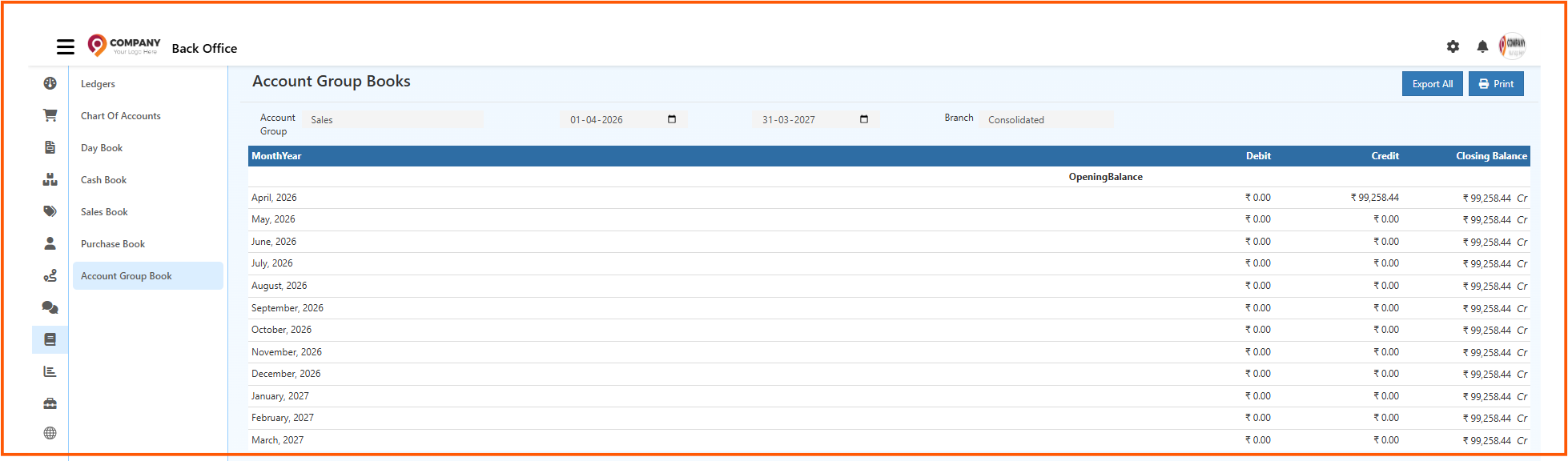Account Group Books detailed report in O2VEND