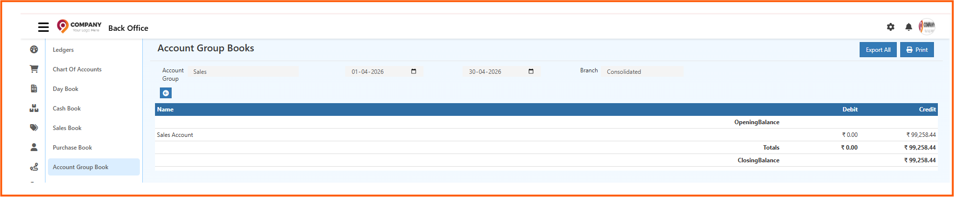 Account Group Books monthly summary in O2VEND