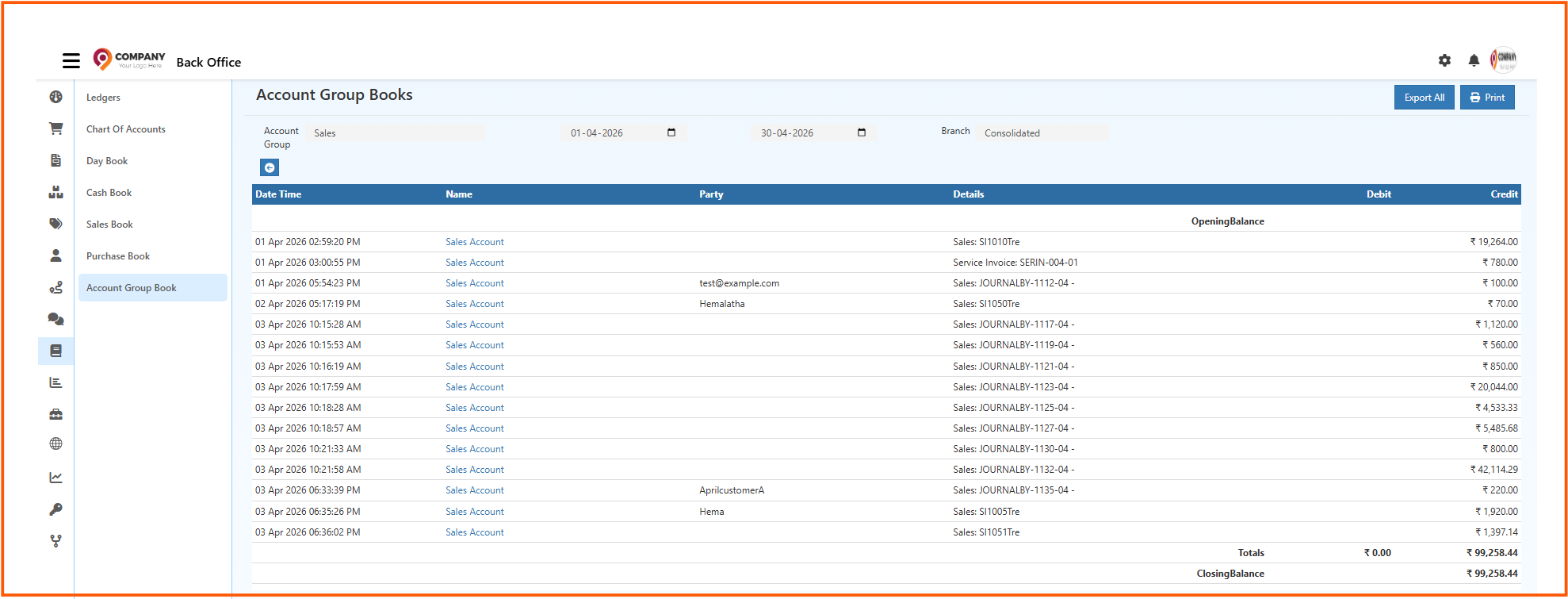 Account Group Books grouped account summary in O2VEND