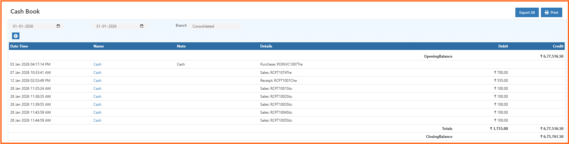 Detailed Cash Book view