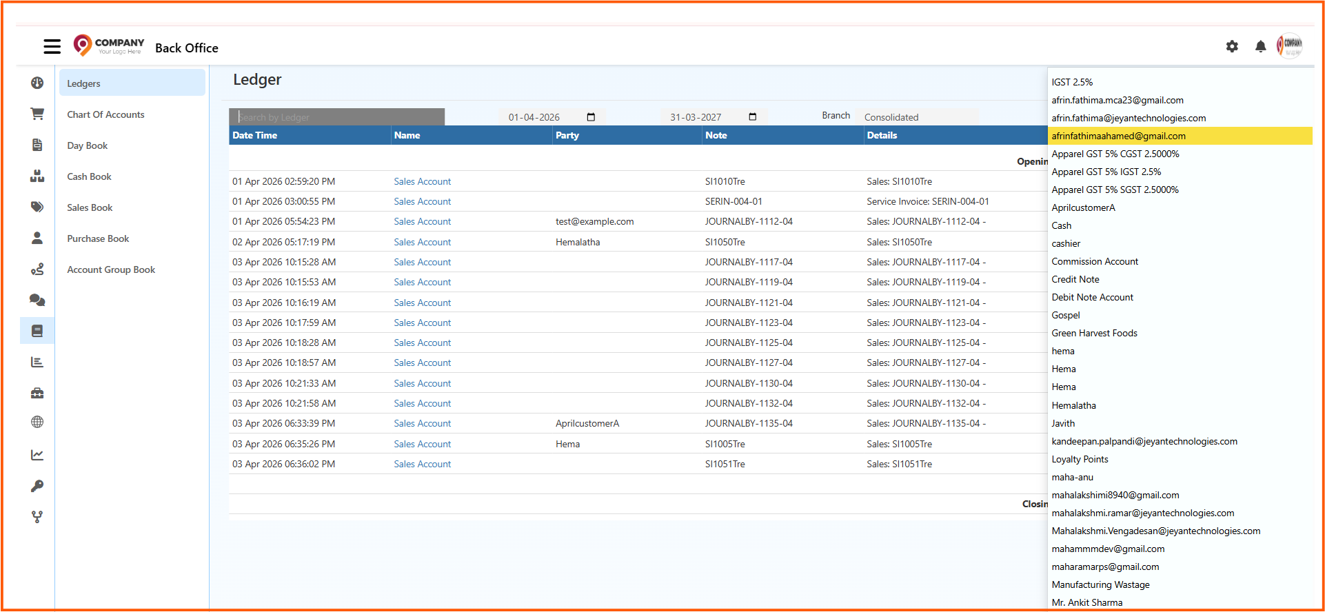 Search by ledger account