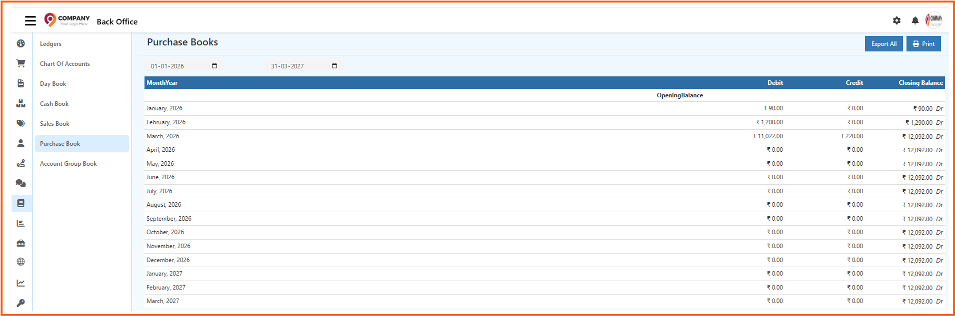 Purchase Book summary view
