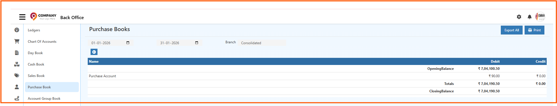 Monthly Purchase Book balance view