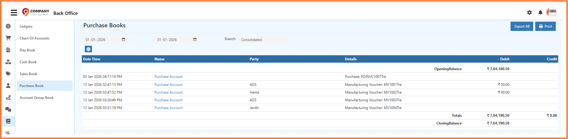 Grouped Purchase Book view