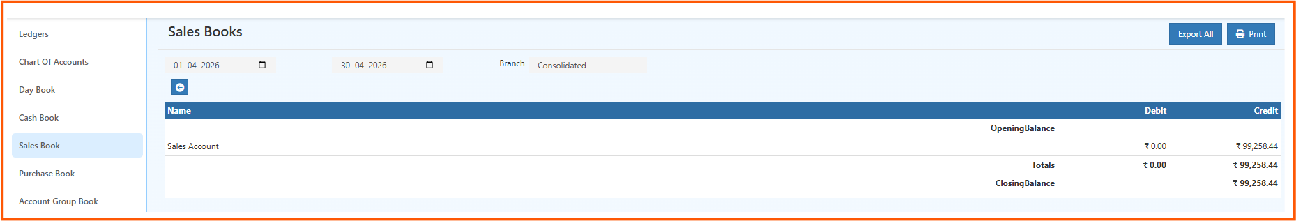 Sales Book summary view