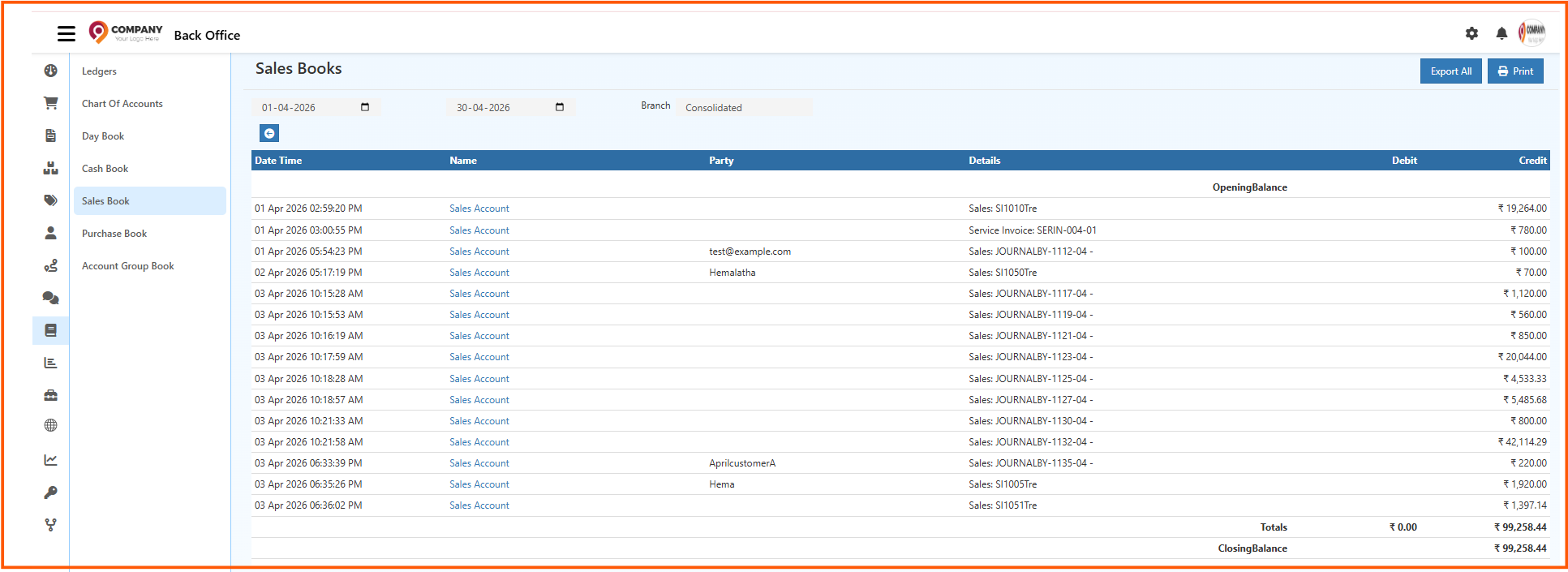 Grouped Sales Book view