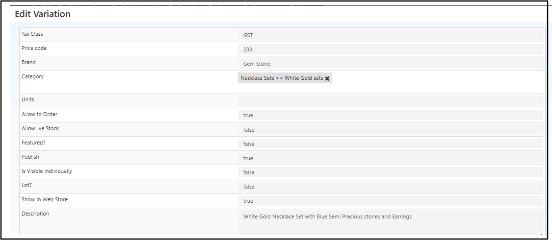 Edit product variation settings showing pricing, visibility, and inventory controls