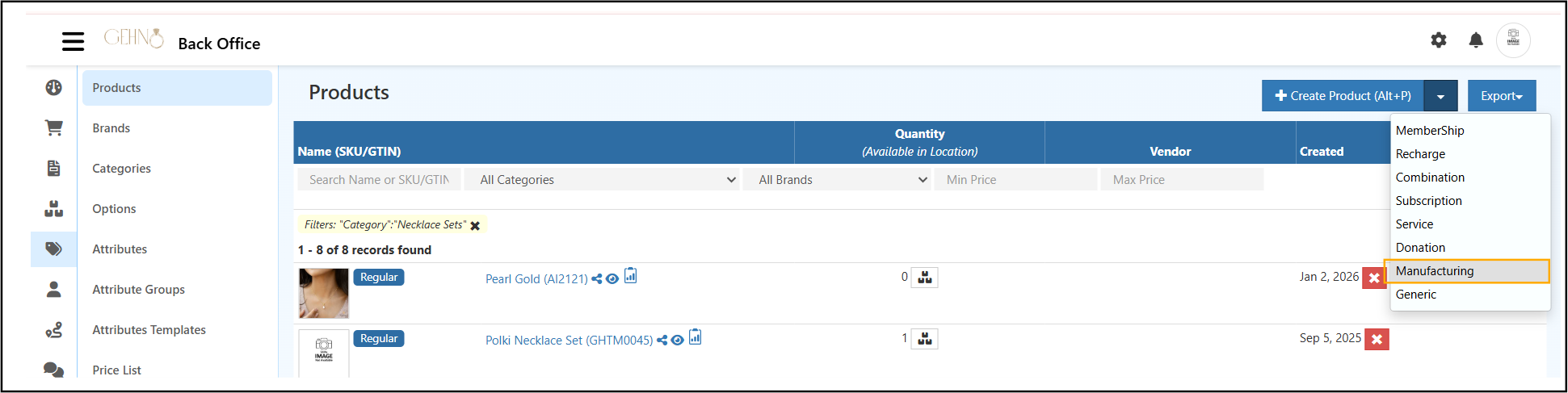 Manufacturing Product Creation Screen