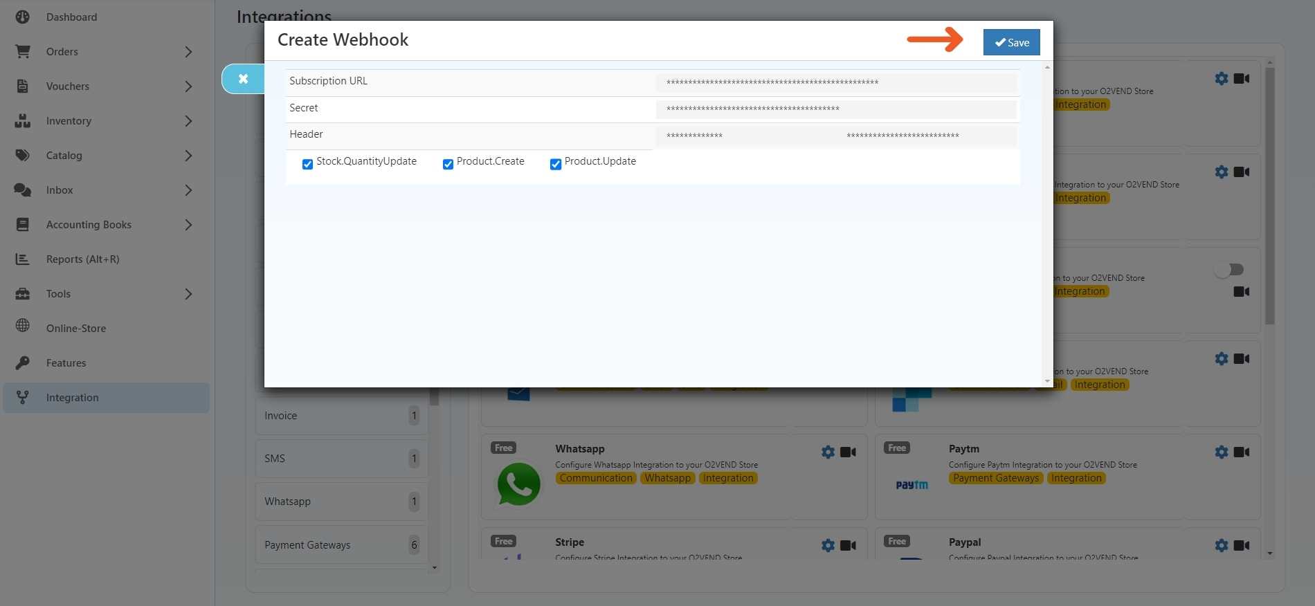 Configure Webhook event subscriptions in O2VEND