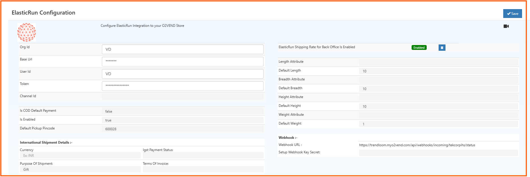 ElasticRun Configuration Screen