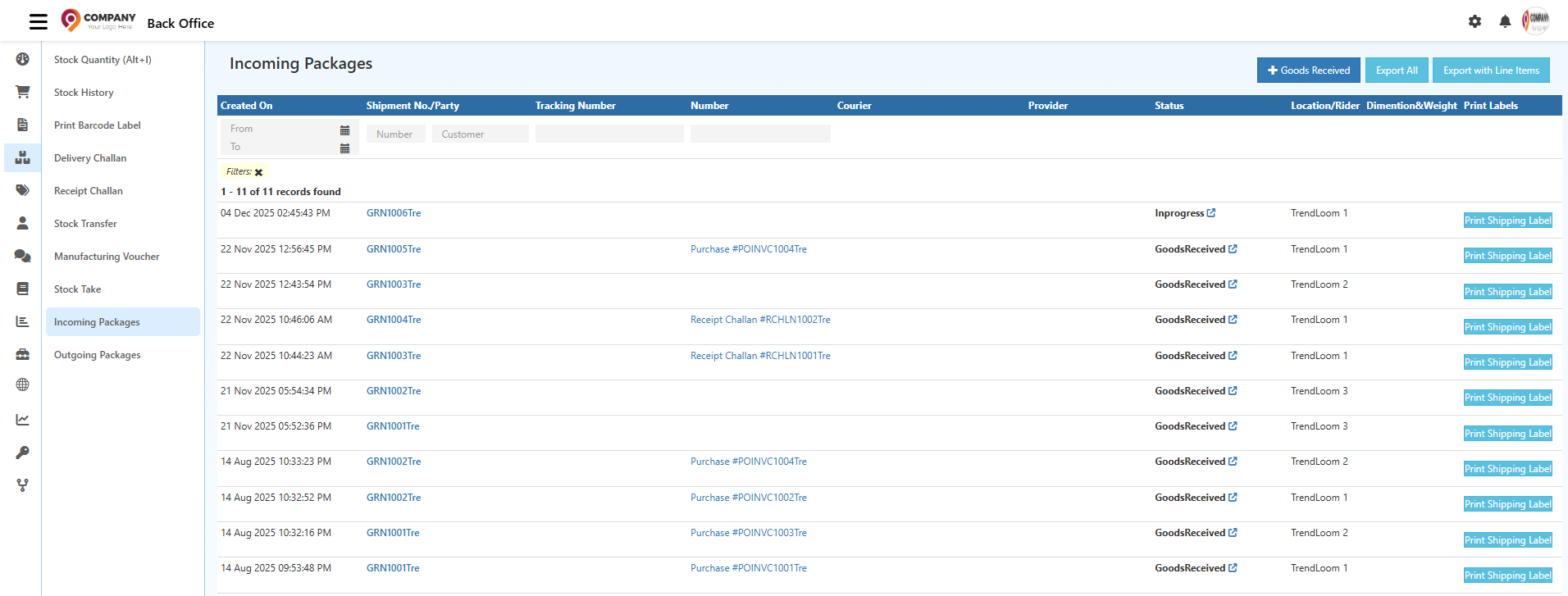 O2VEND ERP – Goods Receive (GRN) & Incoming Packages Workflow