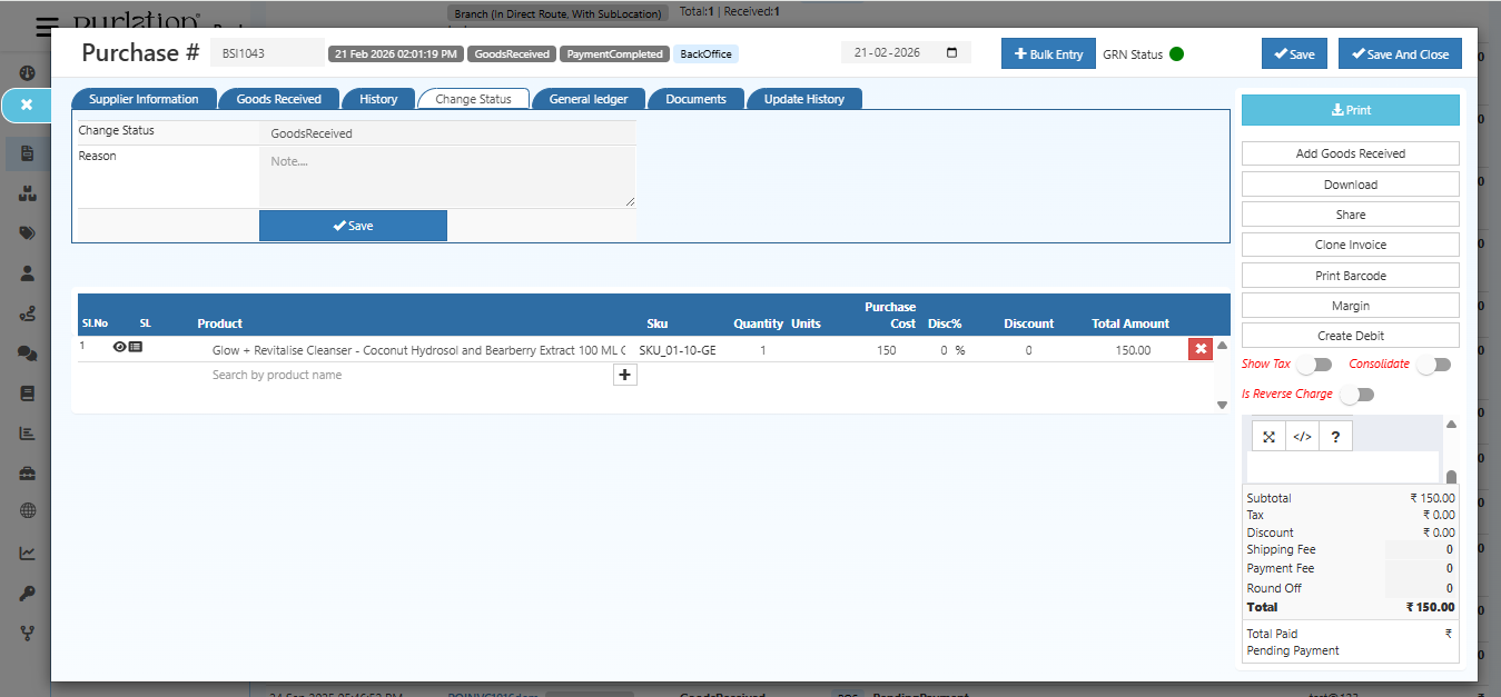 Change purchase status dropdown menu