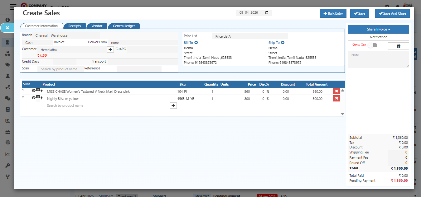 Screenshot of the Create Sales Invoice screen in O2VEND showing the main interface