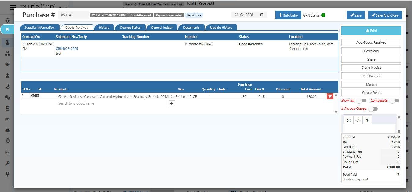 Purchase detail GRN section with received quantities