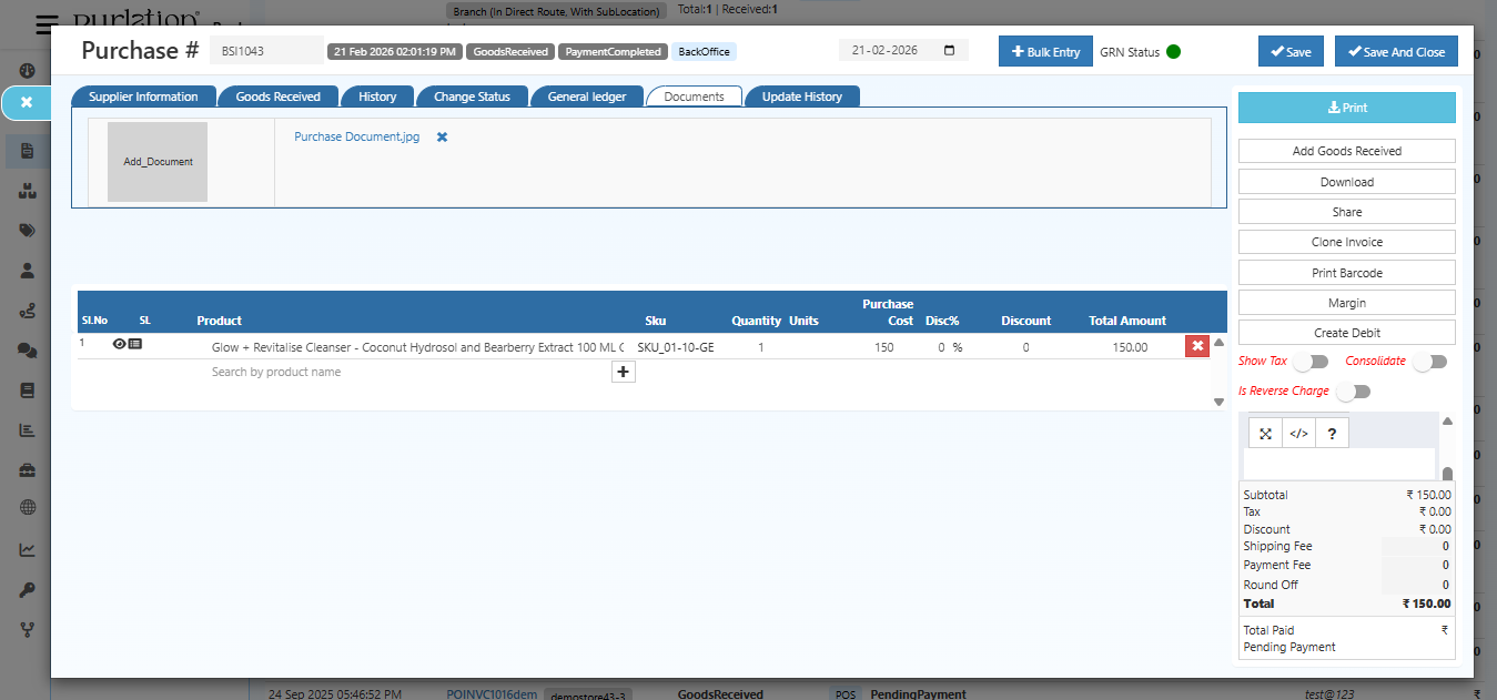Purchase documents section with file attachments