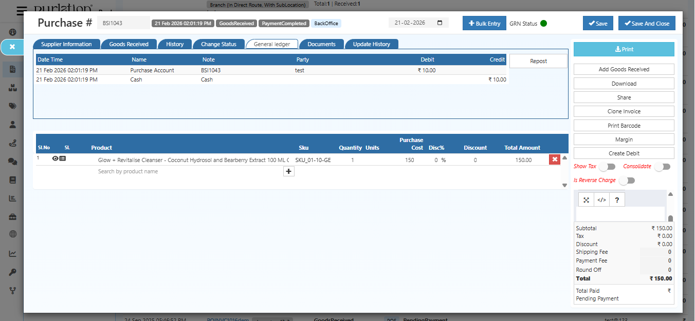 General Ledger showing accounting entries