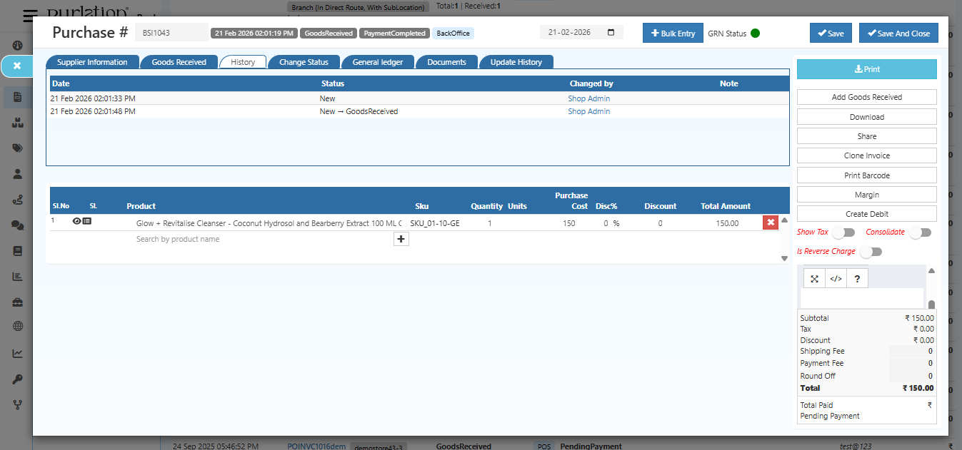 Purchase history showing all transactions and changes