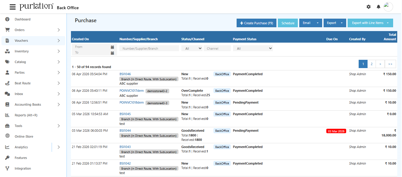 Purchase list showing all purchase invoices