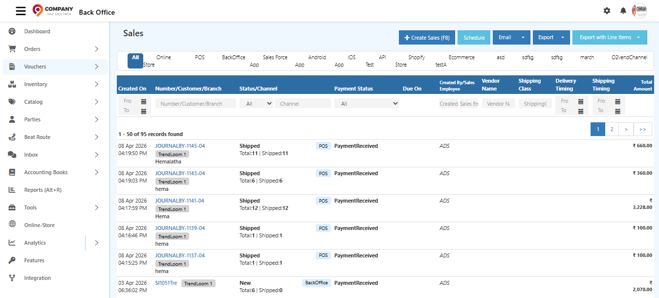 Screenshot of the sales invoice list showing all created invoices