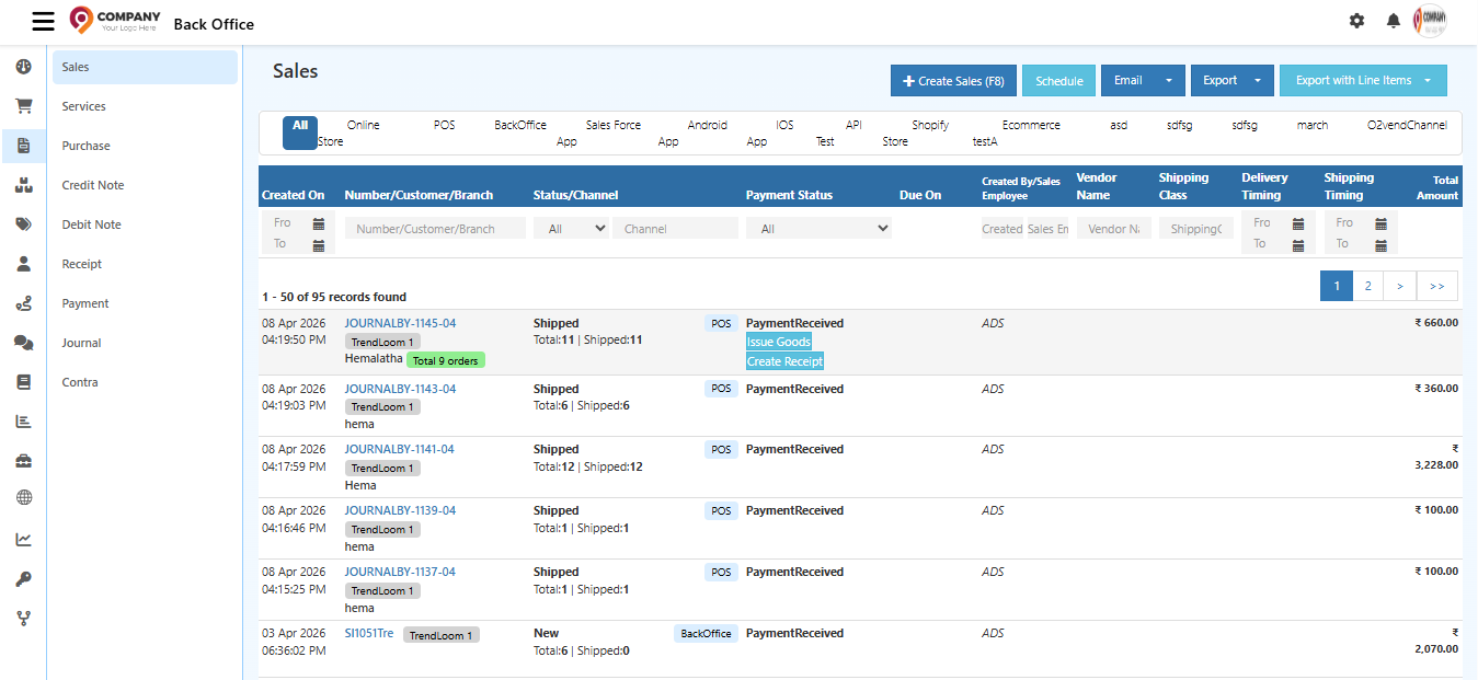 O2VEND Sales Invoice List with quick action buttons - Issue Goods, Create Receipt, and Total Orders count visible on hover