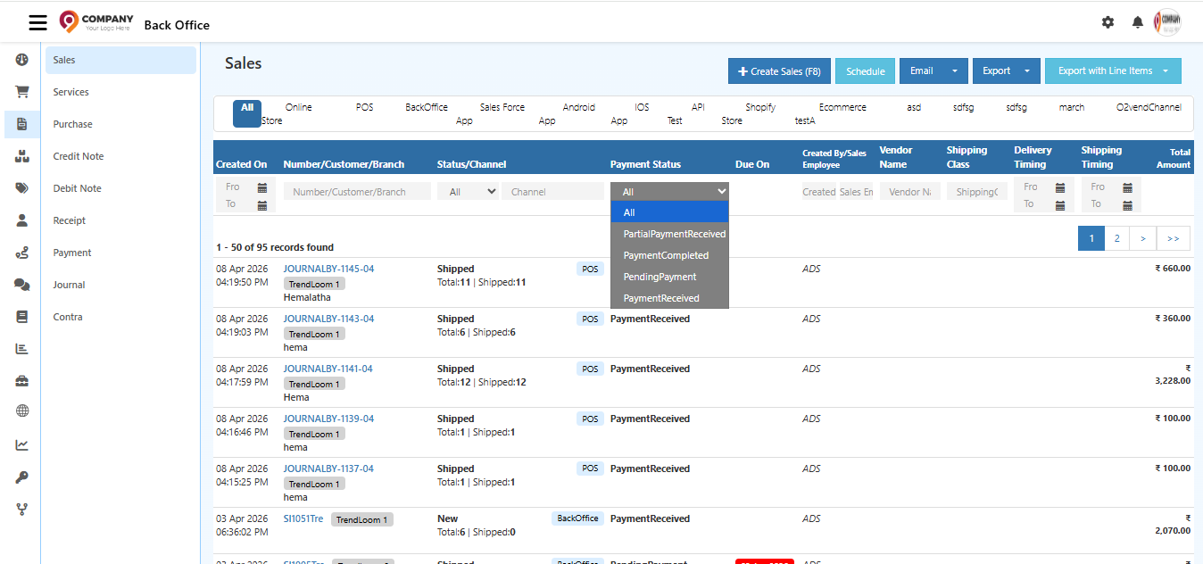 O2VEND Sales Payment Status filter dropdown showing All, PartialPaymentReceived, PaymentCompleted, PendingPayment, and PaymentReceived options