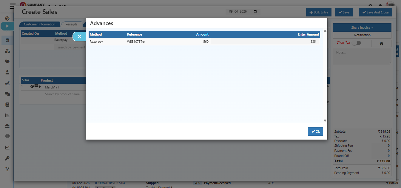 Screenshot showing the adjust advances feature in sales invoice