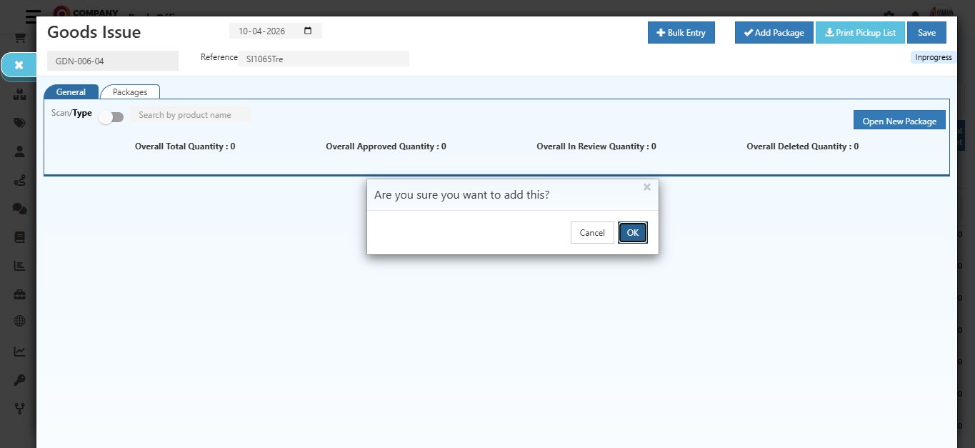 O2VEND confirmation dialog with Cancel and OK buttons asking to confirm adding the selected package