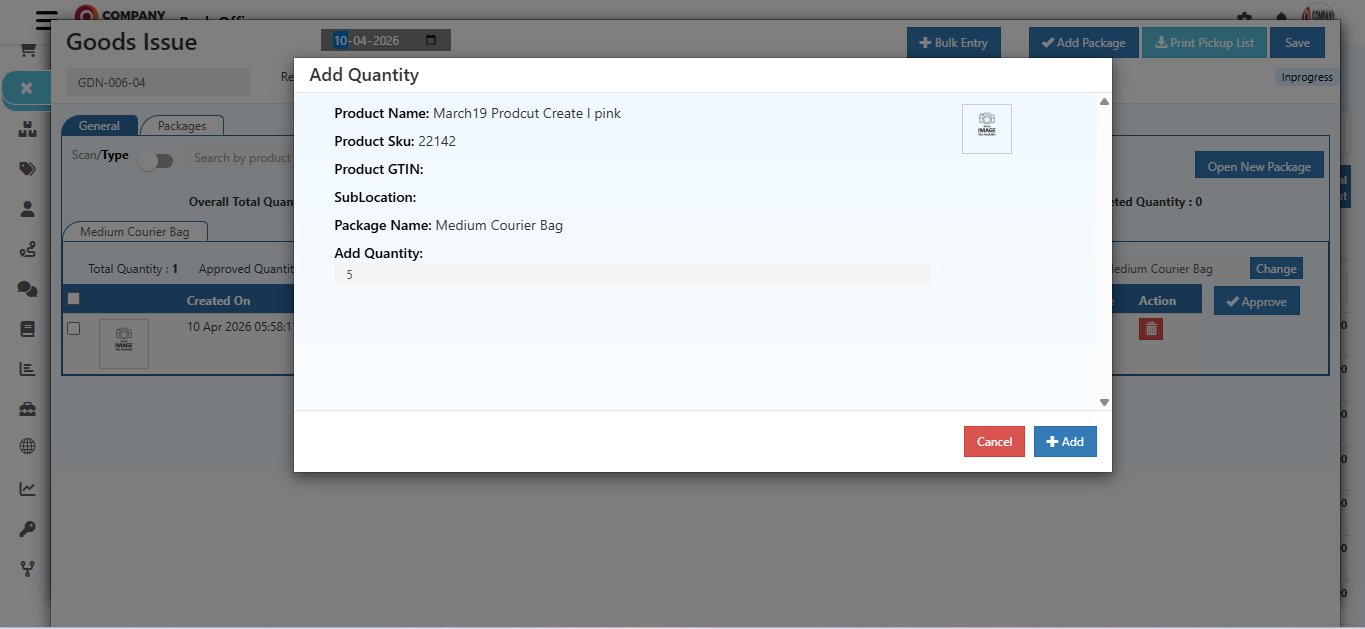 O2VEND Add Quantity popup showing Product Name, Product SKU, SubLocation, Package Name as Medium Courier Bag, and Add Quantity field with value 5 entered
