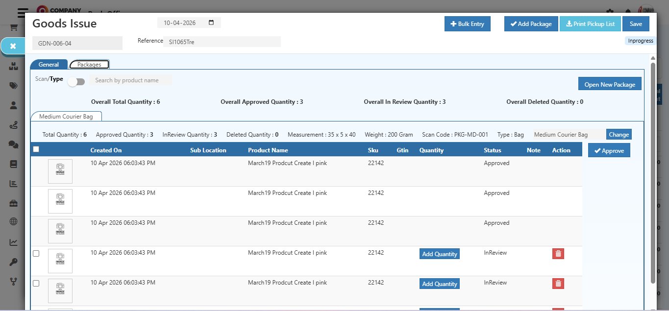 O2VEND Packages tab showing Overall Approved Quantity 3 and In Review Quantity 3 with some products showing Approved status and others still showing InReview with Add Quantity buttons