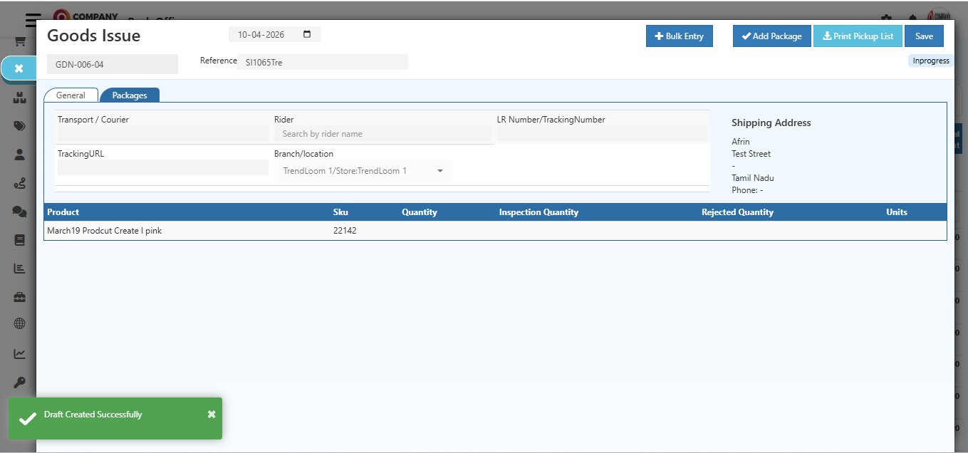 O2VEND Goods Issue screen showing GDN number GDN-006-04 assigned, status Inprogress, Packages tab now active, and Draft Created Successfully notification at the bottom left