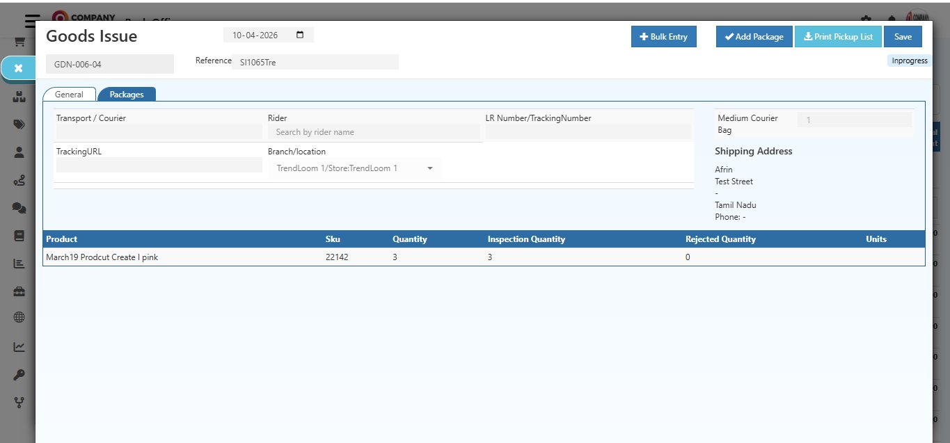 O2VEND Goods Issue General tab showing product with Quantity 3, Inspection Quantity 3, Rejected Quantity 0 in the product table and Medium Courier Bag package count on the right panel with shipping address