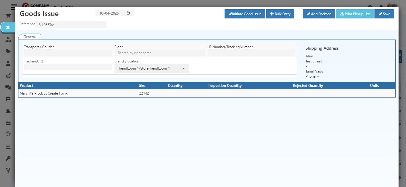 O2VEND Goods Issue form with Transport, Rider, LR Number, Tracking URL, Branch Location fields and product table showing Quantity to Ship column