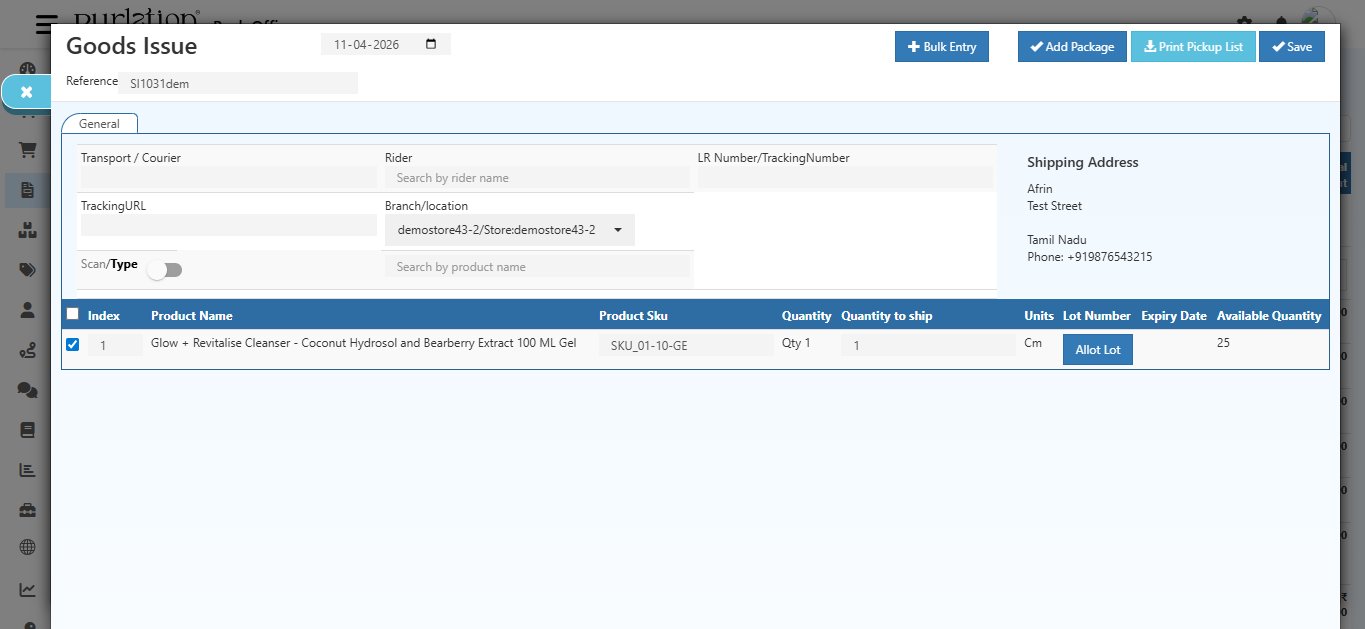 O2VEND Goods Issue screen showing lot-enabled product with Allot Lot button in the Lot Number column, Available Quantity of 25, and Quantity to Ship field