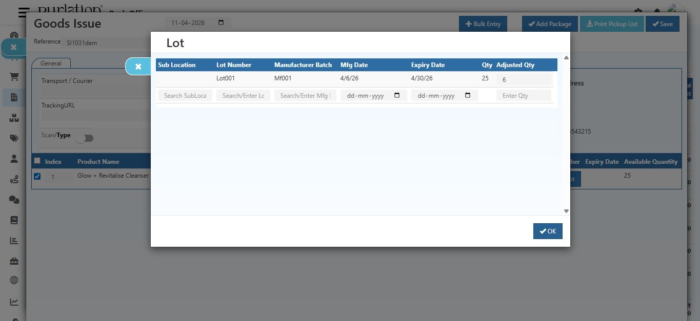 O2VEND Lot dialog box showing existing lot Lot001 with Manufacturer Batch Mf001, Mfg Date 4/6/26, Expiry Date 4/30/26, Qty 25, and Adjusted Qty field showing 6, with an empty row below for adding a new lot and OK button at the bottom