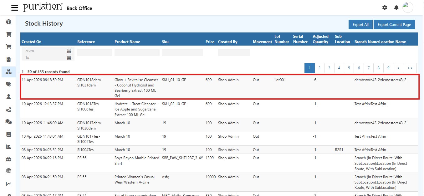 O2VEND Stock History screen showing the highlighted lot shipment entry for GDN1018dem-SI1031dem with product Glow + Revitalise Cleanser, SKU_01-10-GE, Movement Out, Lot Number Lot001, Adjusted Quantity -6, and branch demostore43-2