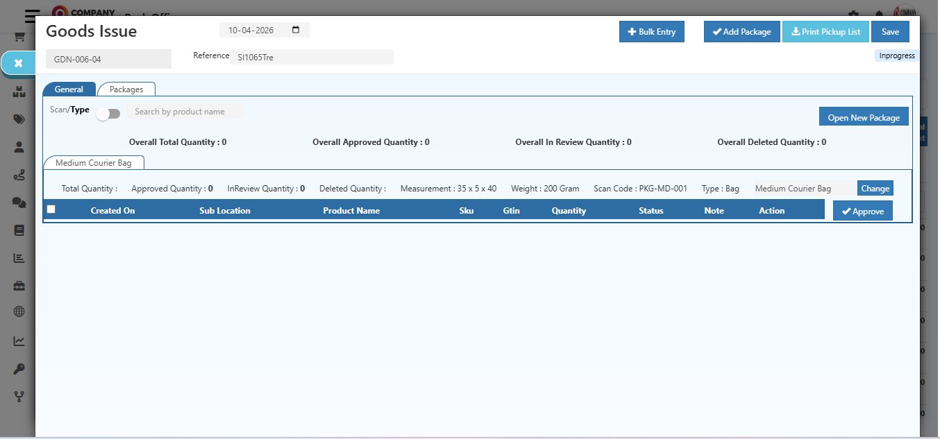 O2VEND Packages tab after adding Medium Courier Bag showing Measurement 35x5x40 cm, Weight 200 Gram, Scan Code PKG-MD-001, Type Bag, with empty product table and Approve button