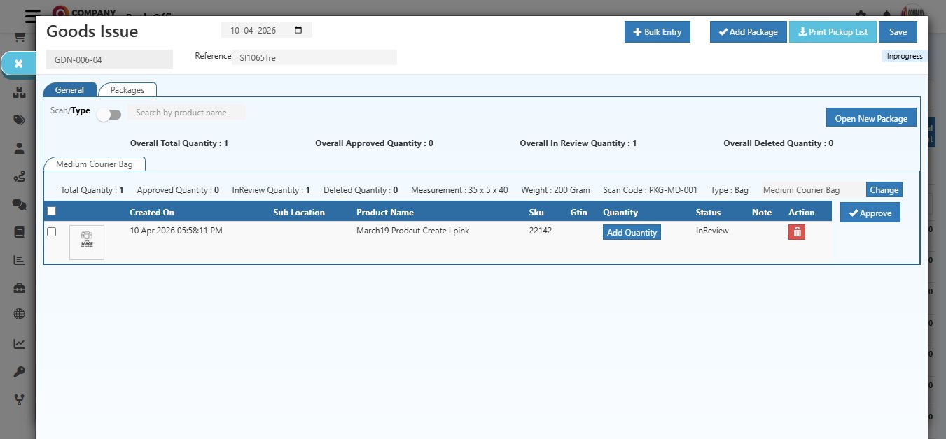 O2VEND package product table showing scanned product in InReview status with Add Quantity button visible, Overall In Review Quantity updated to 1
