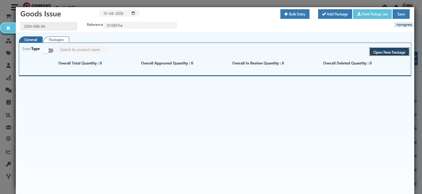 O2VEND Packages tab showing Overall Total Quantity, Approved Quantity, In Review Quantity, Deleted Quantity counters all at zero with Open New Package button on the right