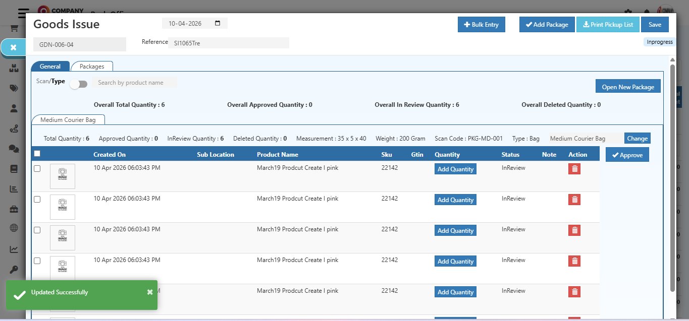 O2VEND Packages tab showing Overall Total Quantity updated to 6, Overall In Review Quantity 6, all products listed with InReview status and Updated Successfully message at bottom left