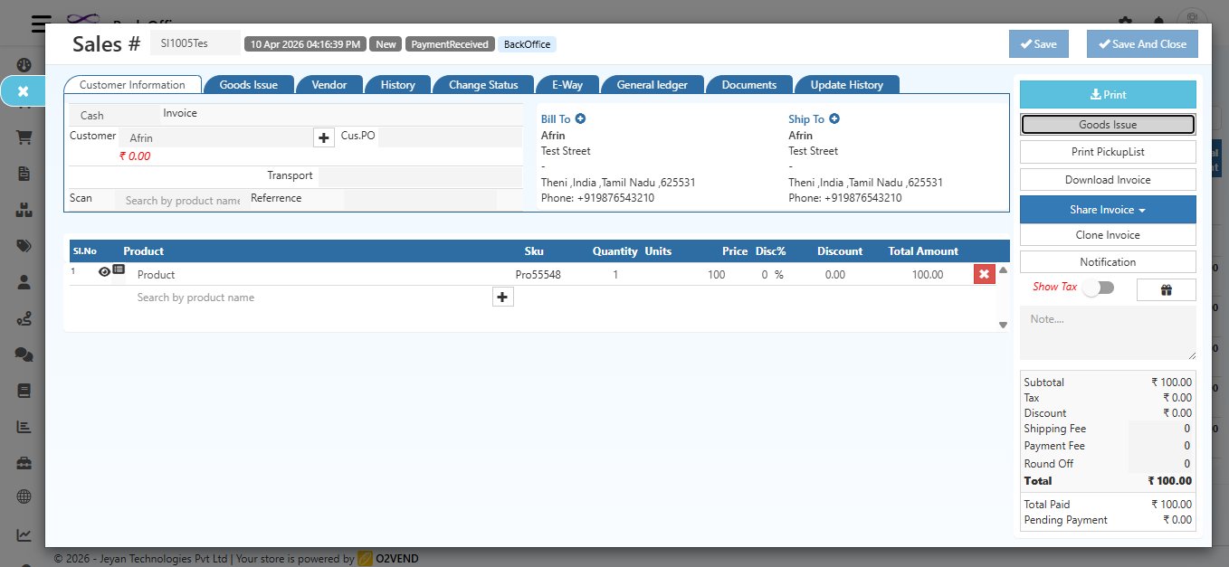O2VEND Sales Invoice showing Goods Issue button in the right action panel alongside Print, Download Invoice, Share Invoice, and Clone Invoice buttons