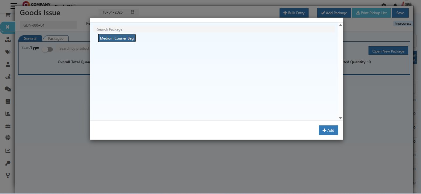 O2VEND package selection dialog showing Search Package field and Medium Courier Bag option listed with Add button at bottom right