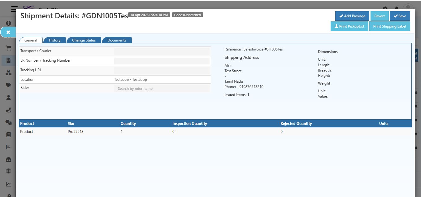 O2VEND Shipment Details screen showing GDN number, GoodsDispatched status badge, reference to SalesInvoice, Shipping Address, product table with Quantity, Inspection Quantity and Rejected Quantity columns, and Dimensions and Weight section on the right