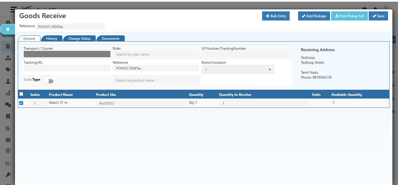 Goods Received Screen