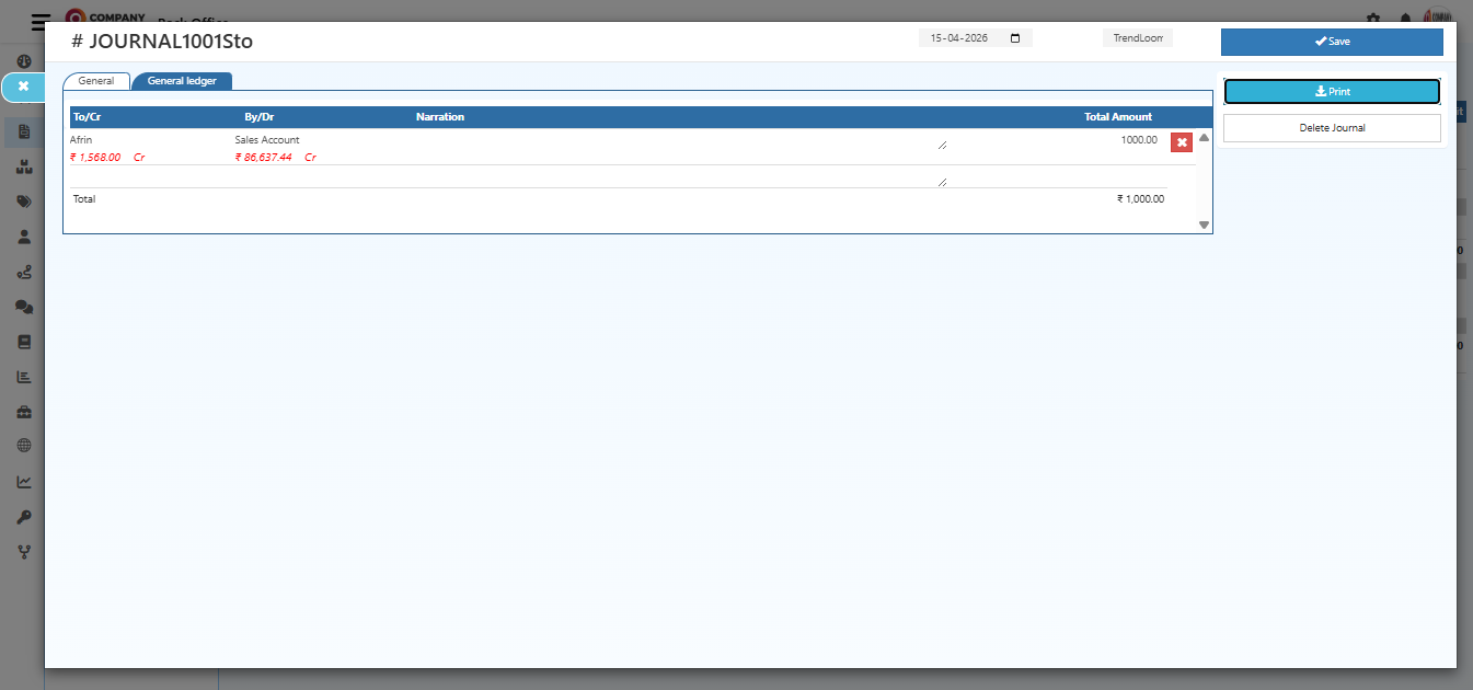 Journal entry form with fields for accounts, narration, and amount