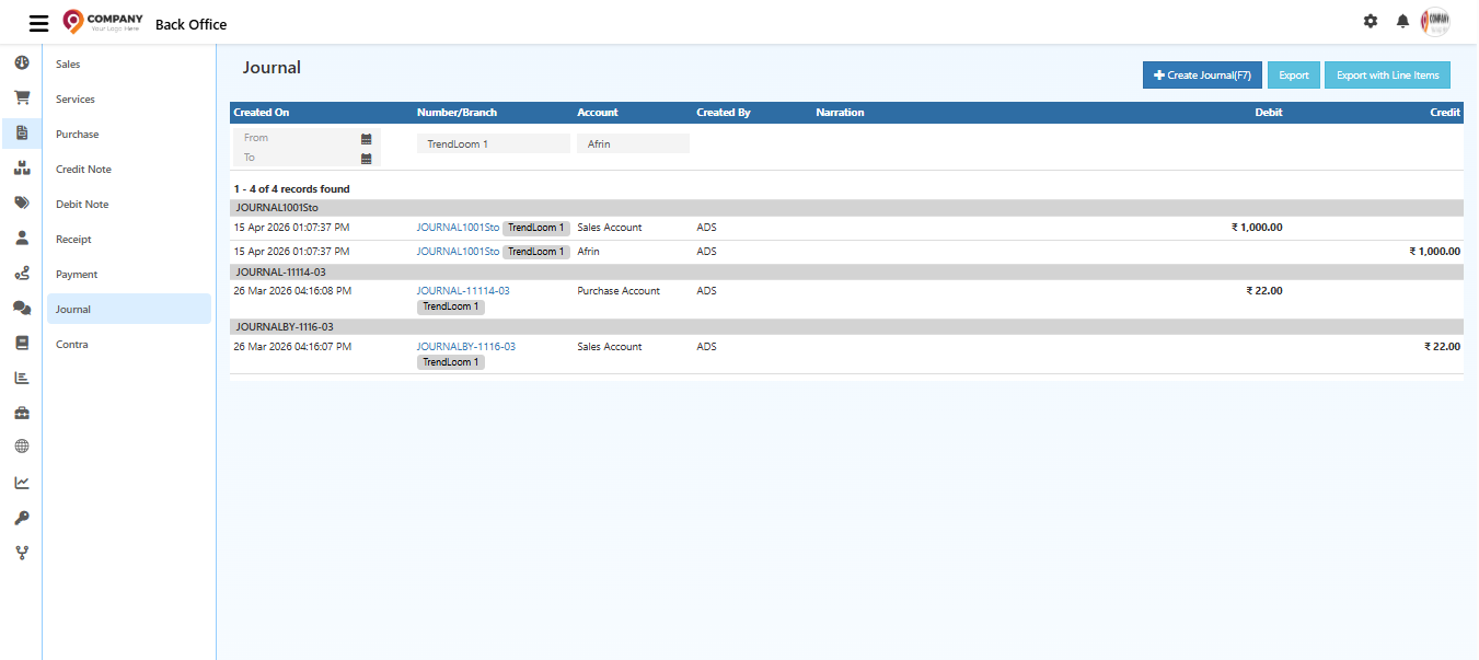 General ledger view showing journal entry impacts