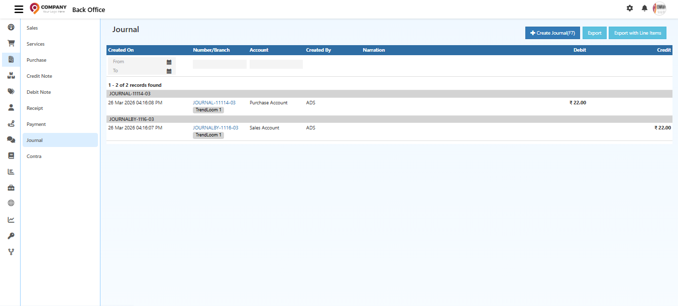 Journal list view with Create Journal button