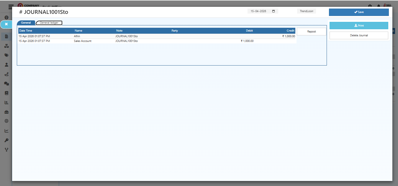 Journal view showing the vouchers section with Journal option highlighted