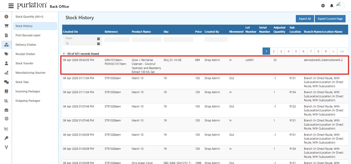 Stock History - Lot Updated