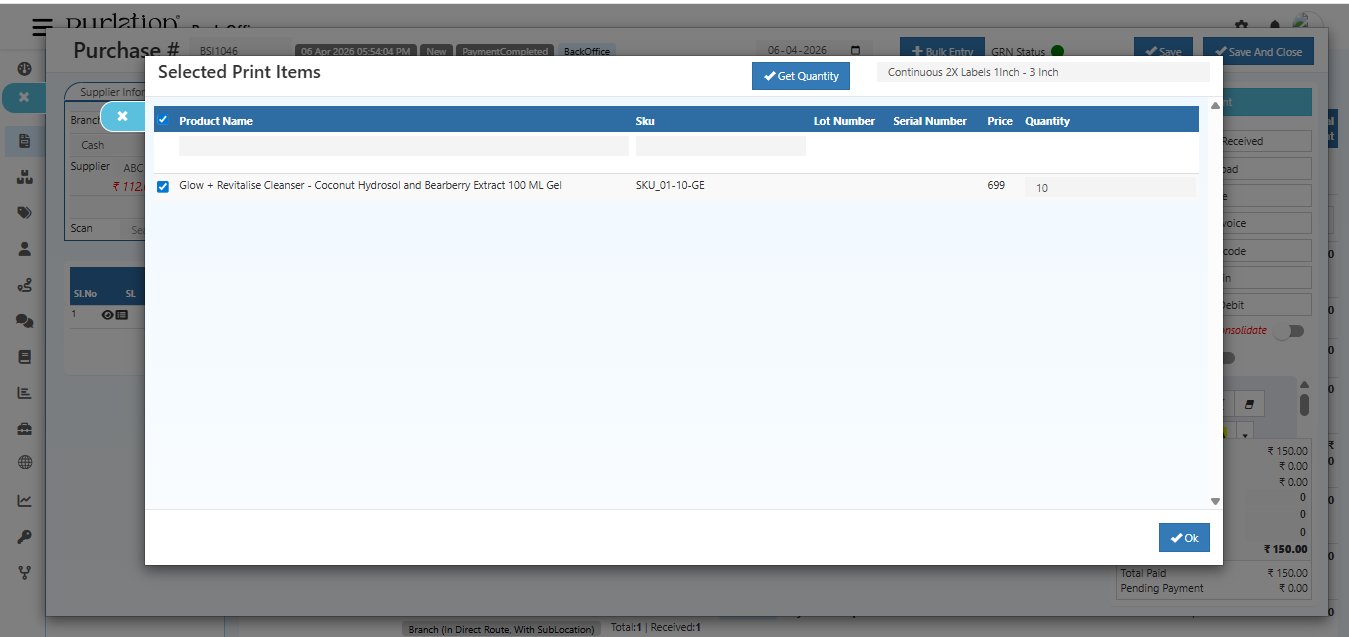 Final barcode print setup screen with preview and printer settings