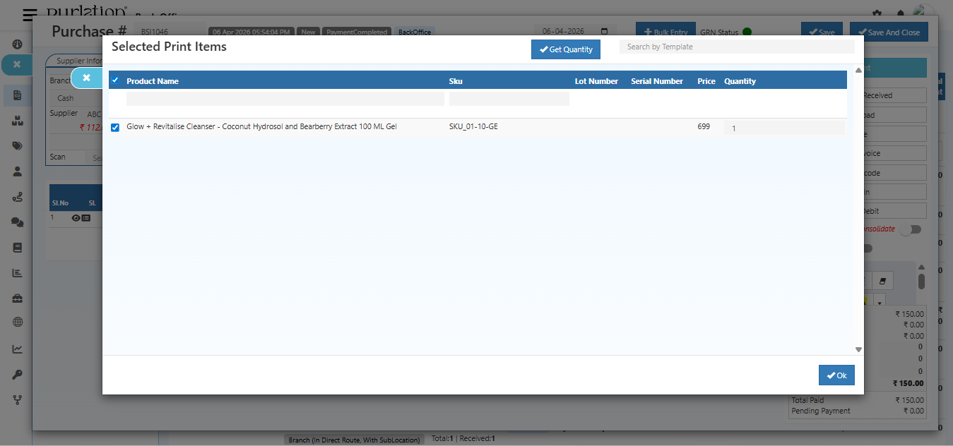 Barcode print popup dialog with label quantity and OK button